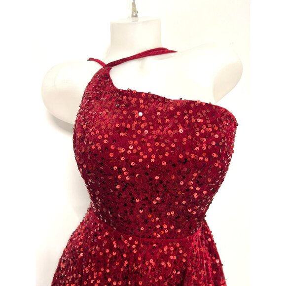 Red Sequin Mini Dress Graduation Party Dress Size 12 w pockets spaghetti straps - Picture 3 of 11